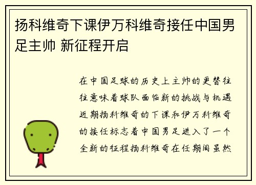 扬科维奇下课伊万科维奇接任中国男足主帅 新征程开启